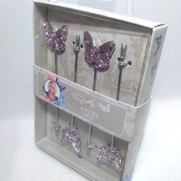Dolly Parton 4 Appetizers Picks  Stainless Steel Butterfly New Box - Picture 2 of 5